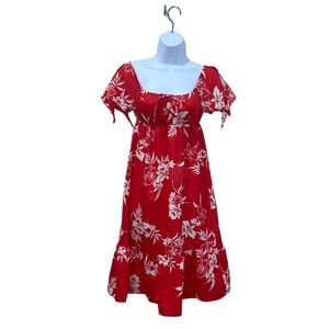 Vintage Royal Hawaiian Midi Maxi Dress Size 6 Red White Floral Slit Sleeves Tie